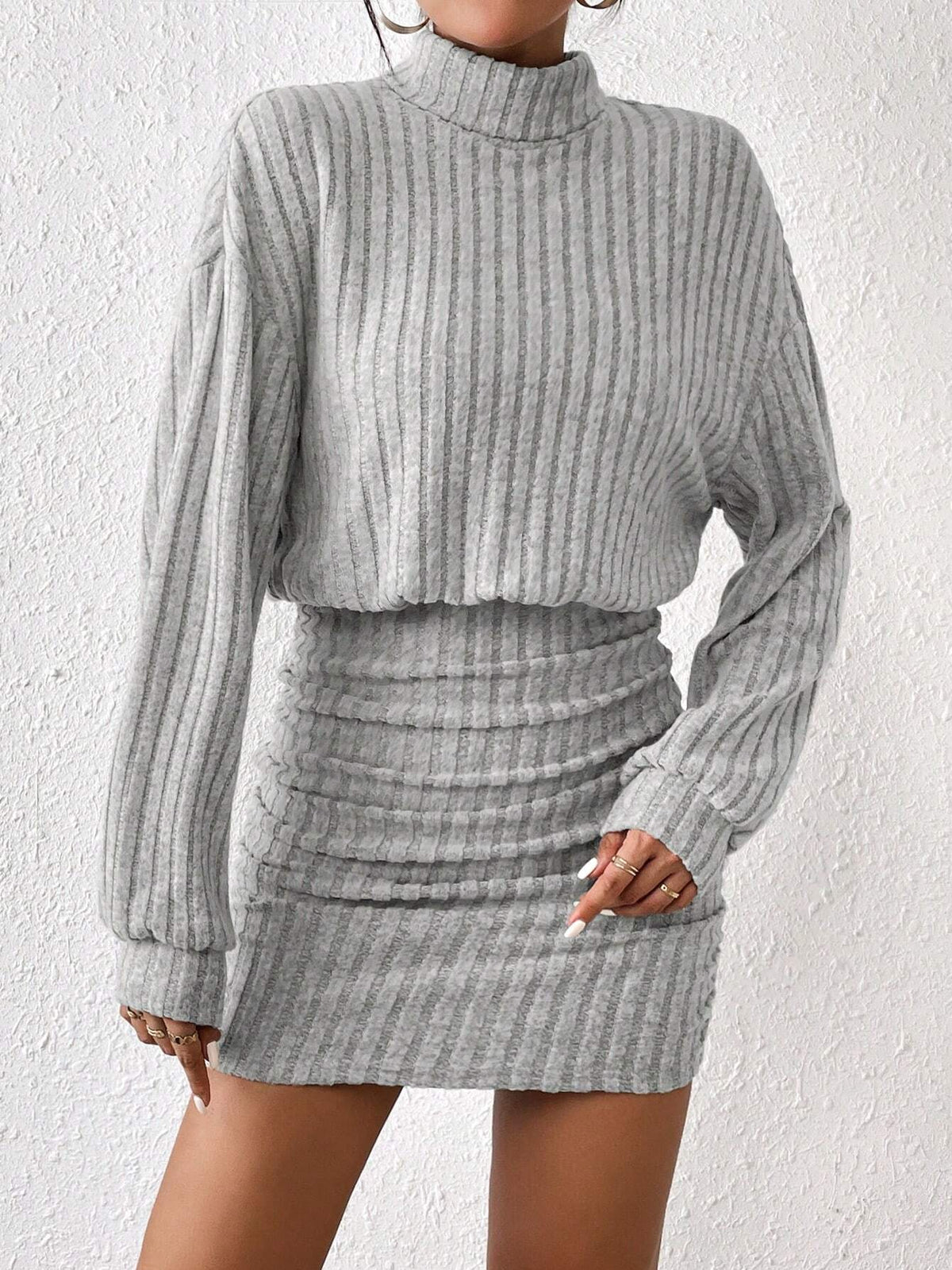 SHEIN Frenchy Turtleneck Drop Shoulder Ruched Bodycon Textured Fabric Dress Winter Casual
