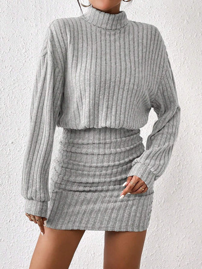 SHEIN Frenchy Turtleneck Drop Shoulder Ruched Bodycon Textured Fabric Dress Winter Casual
